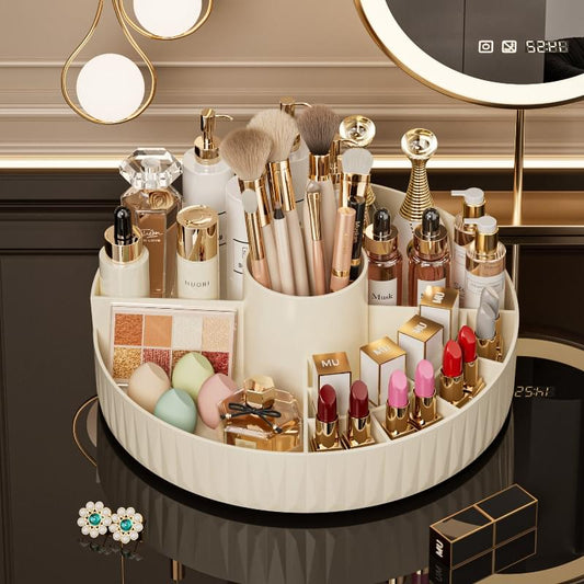 Cream rotating cosmetic organizer tray with brush slots and lipstick compartments