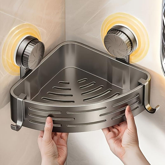 Triangular suction cup shower storage rack with two side suction mounts and slotted shelf