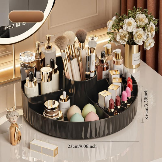 Rotating cosmetic organizer tray with circular compartments for makeup and skincare bottles
