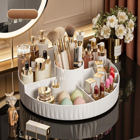 Rotating cosmetic organizer tray with tiered sections holding cosmetics and lip products