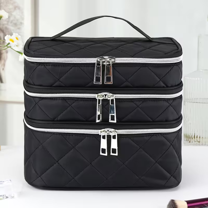Fashionable and light luxury large-capacity black embroidered diamond-shaped cosmetic bag with three  for multi-level storage, portable and hand-held, suitable for home and travel use.