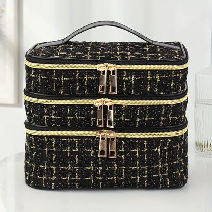 Fashionable and light luxury large-capacity black embroidered diamond-shaped cosmetic bag with three  for multi-level storage, portable and hand-held, suitable for home and travel use.