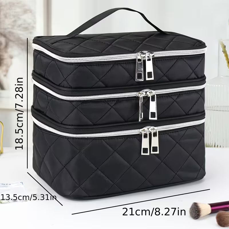 Fashionable and light luxury large-capacity black embroidered diamond-shaped cosmetic bag with three  for multi-level storage, portable and hand-held, suitable for home and travel use.