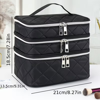 Fashionable and light luxury large-capacity black embroidered diamond-shaped cosmetic bag with three  for multi-level storage, portable and hand-held, suitable for home and travel use.