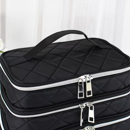Fashionable and light luxury large-capacity black embroidered diamond-shaped cosmetic bag with three  for multi-level storage, portable and hand-held, suitable for home and travel use.
