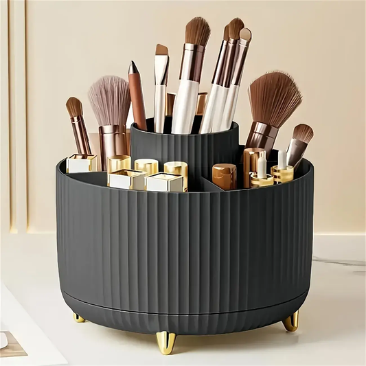Black rotating makeup storage box with ribbed sides and five inner compartments