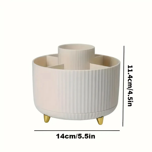 White rotating makeup storage box with ribbed sides and five inner compartments