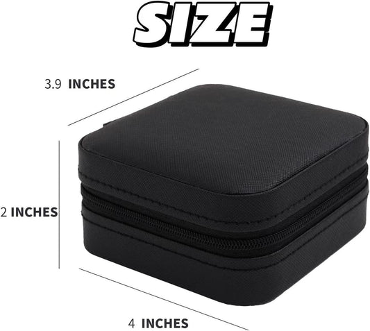 Black zippered jewelry box with cushioned lid, compact travel case