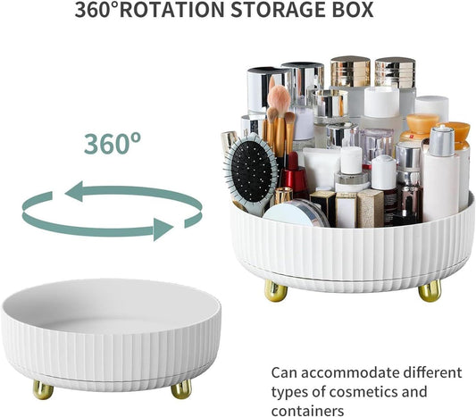 White circular rotating vanity storage box with open tray and gold feet, 360° view