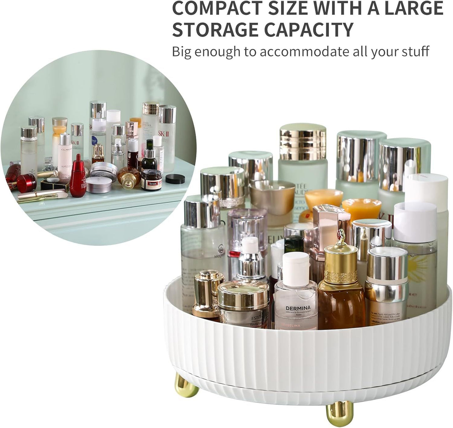 360° Rotating Cosmetic Organizer with Gold Feet – Silent Smooth Turntable for Skincare, Makeup, Brushes, Perfume & Jewelry, Large Capacity Desktop Storage Tray, Non-Slip Base, Easy Access Vanity Organizer (White)