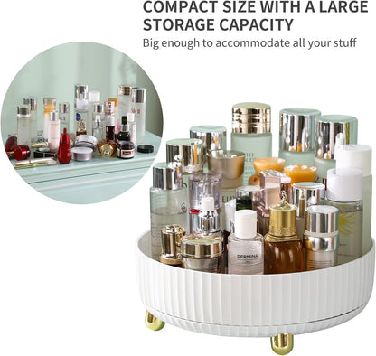 360° Rotating Cosmetic Organizer with Gold Feet – Silent Smooth Turntable for Skincare, Makeup, Brushes, Perfume & Jewelry, Large Capacity Desktop Storage Tray, Non-Slip Base, Easy Access Vanity Organizer (White)
