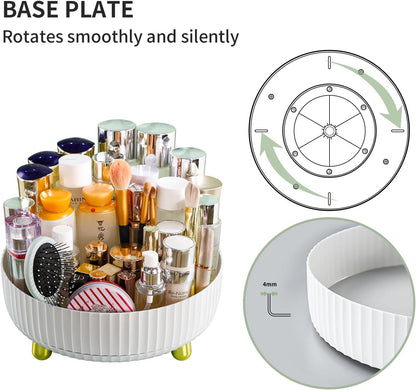 360° Rotating Cosmetic Organizer with Gold Feet – Silent Smooth Turntable for Skincare, Makeup, Brushes, Perfume & Jewelry, Large Capacity Desktop Storage Tray, Non-Slip Base, Easy Access Vanity Organizer (White)