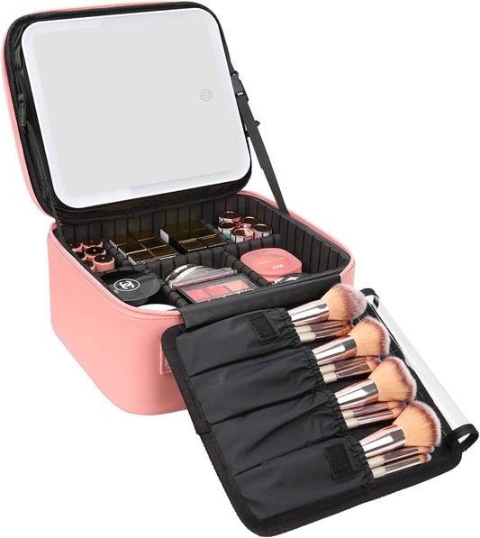 Portable LED makeup case, open with pink body, black dividers, and brush roll attached.