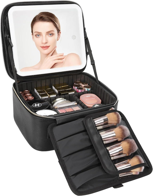 Portable LED makeup case with mirror, open with brush roll and makeup slots