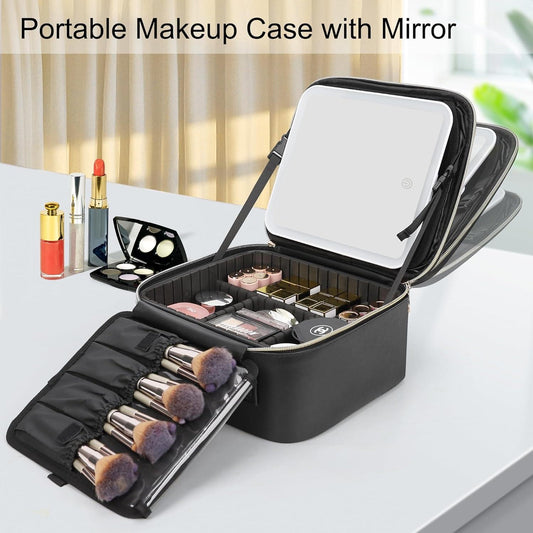 Portable LED makeup case with mirror, open with multiple brush sleeves