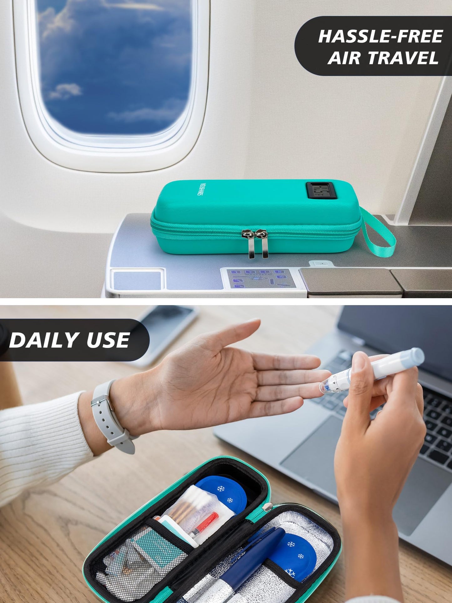 Portable Insulin Cooler Case with Digital Temperature Display – Travel Insulin Storage Bag with 2 TSA Ice Packs, Diabetes Supplies Organizer (Green)