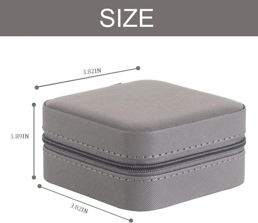 Grey travel jewelry box with mirror, closed zip-top square case with padded lid
