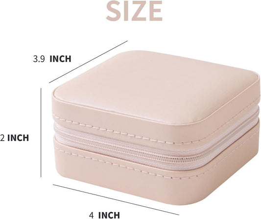 Pink compact jewelry box with padded lid and zipper, rectangular travel case