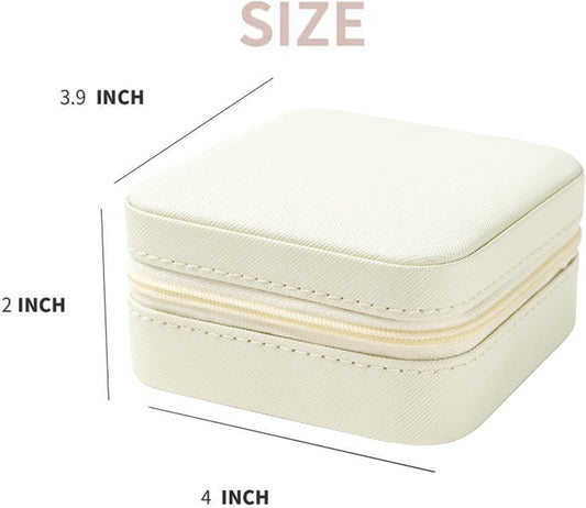 White compact jewelry case with hinged lid, padded top and stitched sides