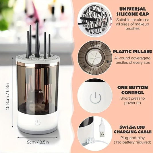 USB electric makeup brush cleaner with cylindrical body, clear tank, and upright brush slots