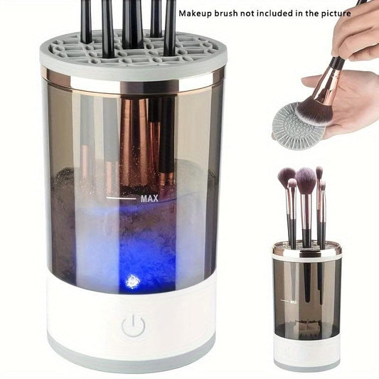 USB electric makeup brush cleaner with clear tank, blue heating light, and brush-drying mode