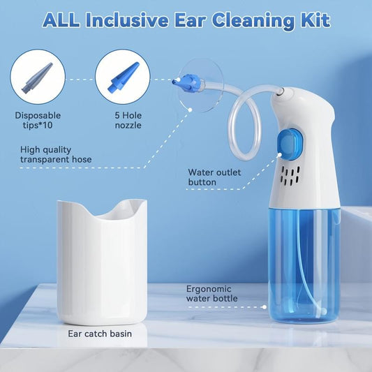 Ear irrigation cleaner kit with water bottle, hose, and catch basin, blue and white