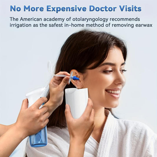 Ear cleaning kit nozzle and water bottle held near ear, with blue tip and cup