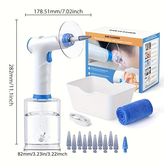 Electric ear irrigation kit with blue-and-white device, water bottle, basin, ear tips, towel
