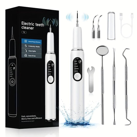 Rechargeable electric toothbrush set with LED and 5 modes, white handle and accessories