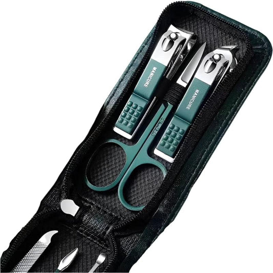 Portable nail clipper set in black zip pouch with teal steel cutters, close-up view