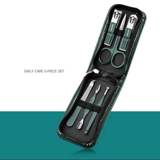 Nail clipper set in black zip case with teal handles and steel nail clippers, full view