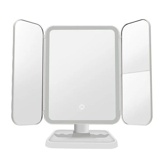 Trifold makeup mirror with LED lights, three-panel open design and stand