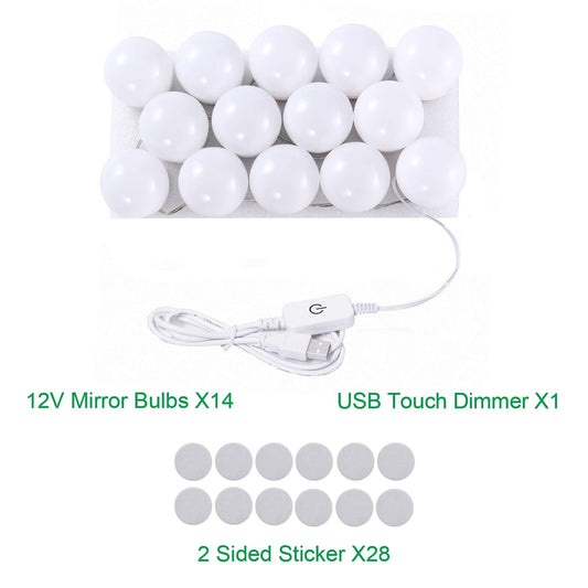 LED mirror bulb strip with 14 round white bulbs, USB touch dimmer, and sticker back