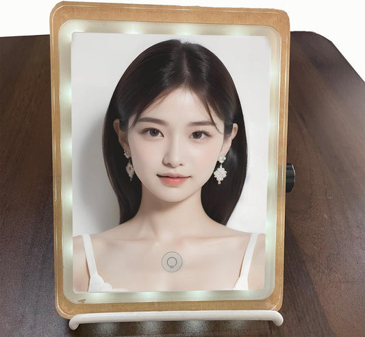 LED vanity makeup mirror with square frame, lit screen and touch control button