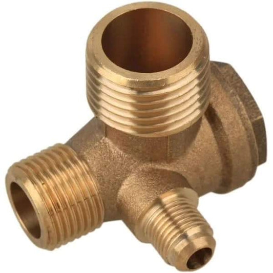 Brass non-return foot valve with three threaded ports, angled body