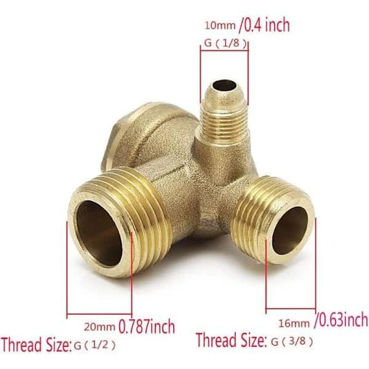 Brass non-return valve with three threaded openings for inlet and outlet