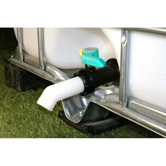 Water tank adapter with white extension elbow and black connector for storage tank