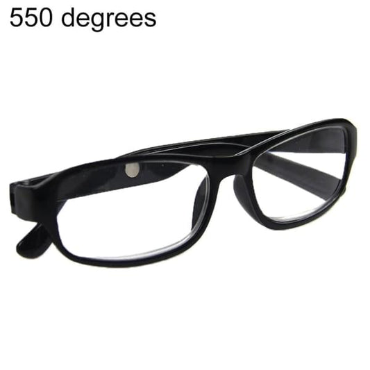 Reading glasses with black plastic frame and clear lenses, single pair