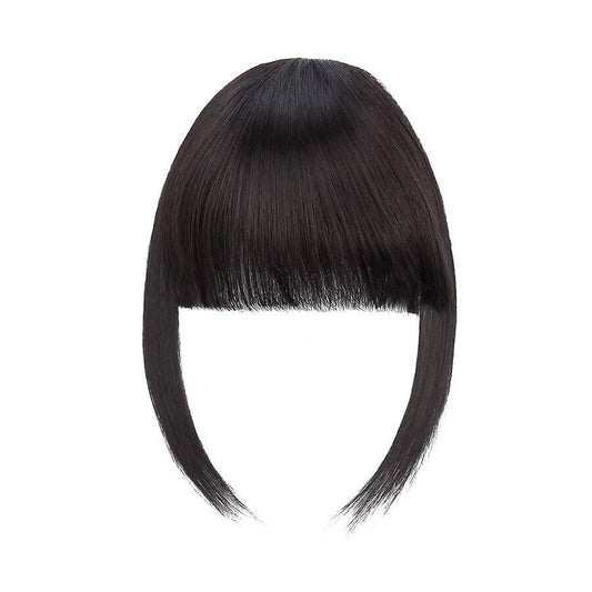 Clip-in hair bangs extension with straight blunt fringe, dark black hair, oval shape.