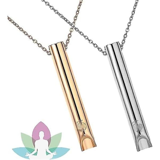 Breathing necklace set of two long cylinder pendants, silver and gold, with chains