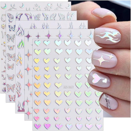 Holographic nail sticker sheet with heart, star, moon and butterfly decals
