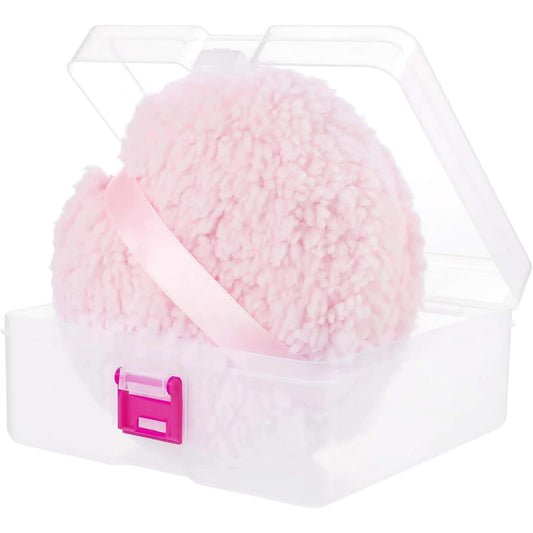 Pink fluffy body powder puff with strap, in clear plastic storage container