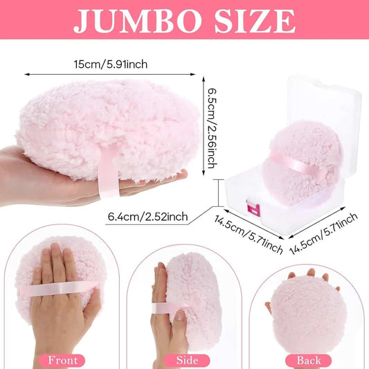 Pink fluffy powder puff applicator with fabric strap, with clear storage case