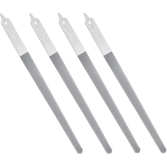 Four metal nail files with pointed tips and gray abrasive finish