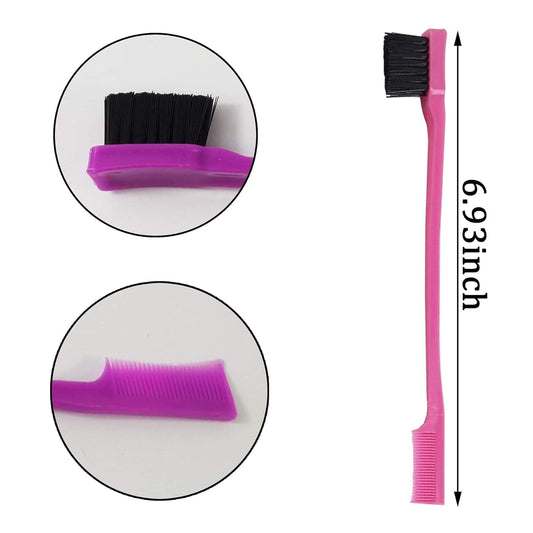 Double-sided hair edge brush with purple handle and black grooming bristles