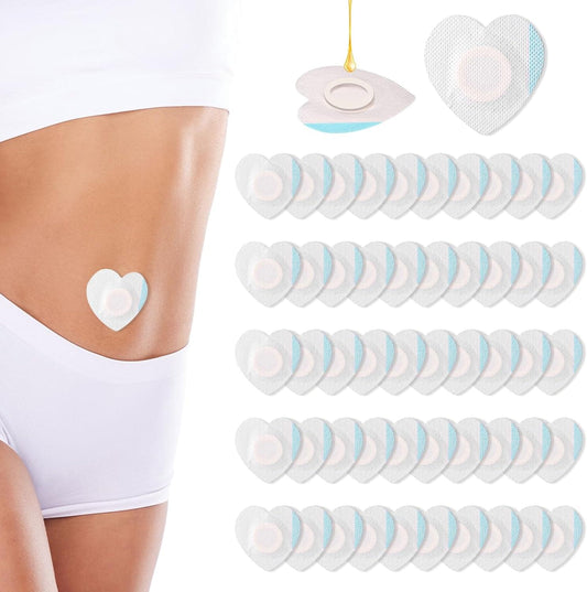 Heart-shaped belly button patches with white mesh and pale pink center, self-adhesive