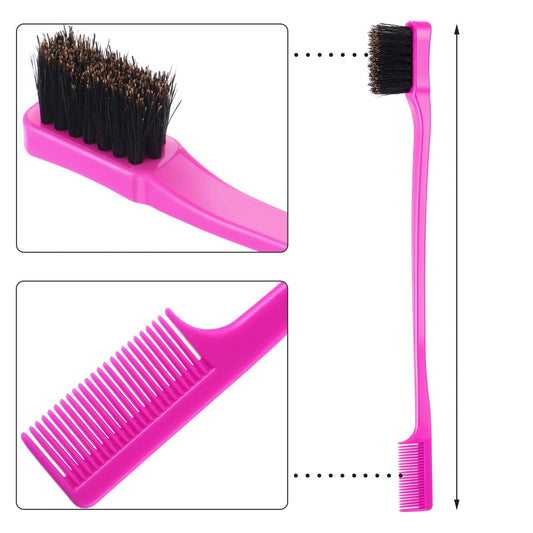 Double-sided edge brush and comb, rose pink handle with bristles and fine teeth