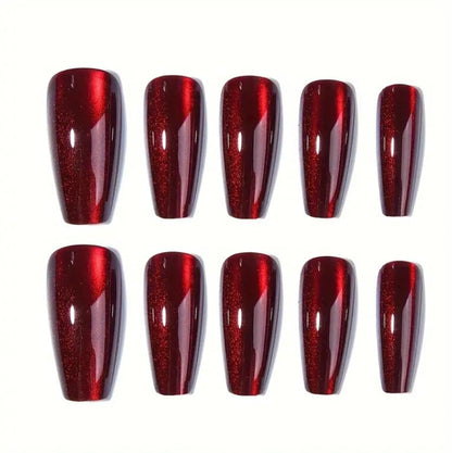 Red Press on Nails Coffin Shape Fake Nails Long False Nails with Cat Eye Design Glitter Glue on Nails for Women 24PCS 522 red 0.04 Fl Oz (Pack of 24)