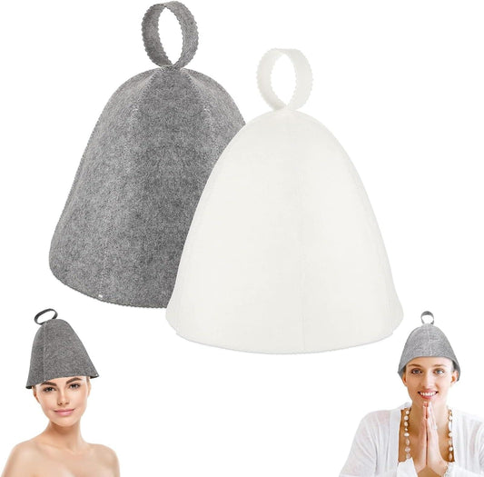 Two felt sauna hats, gray and white, with hanging loop and cone shape