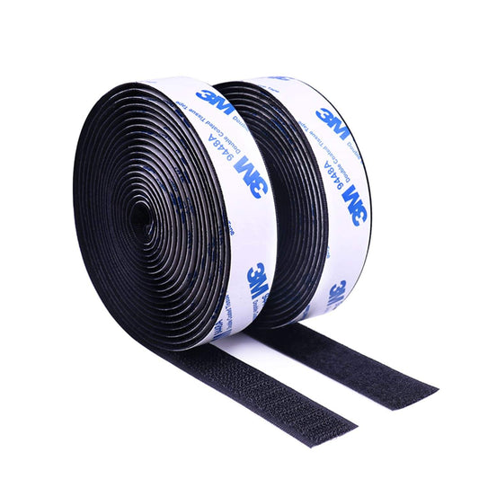 Black double-sided hook and loop tape roll with adhesive backing